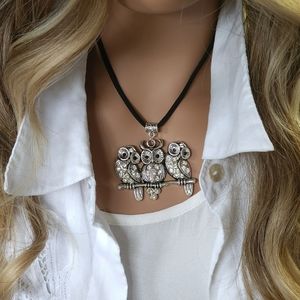 Owl Jewelry Large Ethnic Silver Pendant Black Cotton Cord Boho Necklace